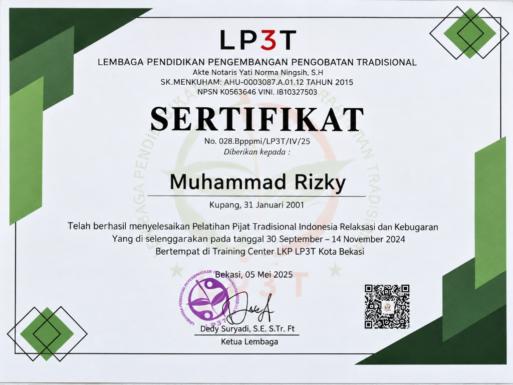 Sertifikat Pijat Tradisional Indonesia Relaksasi dan Kebugaran